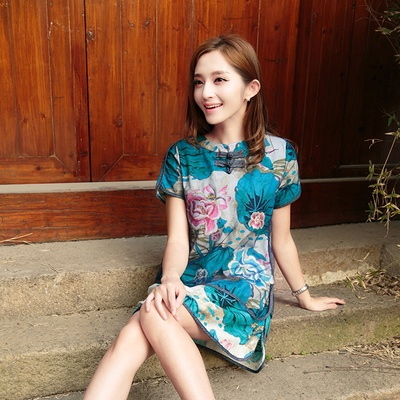 中国民族风连衣裙 短袖棉麻刺绣花中长款大码 裙子 