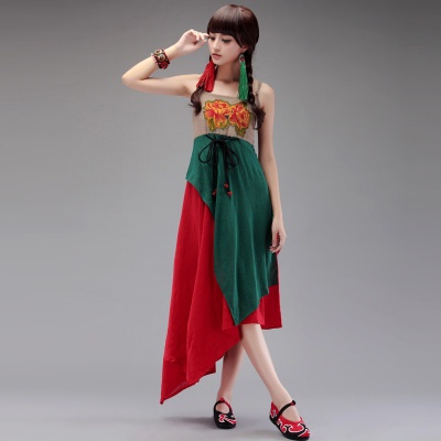 原创民族风女装连衣裙夏长裙刺绣棉麻抹胸收腰显瘦不规则吊带裙