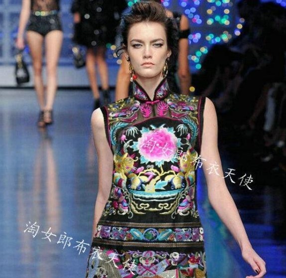 民族风重工刺绣花朵欧根纱气质修身旗袍连衣裙