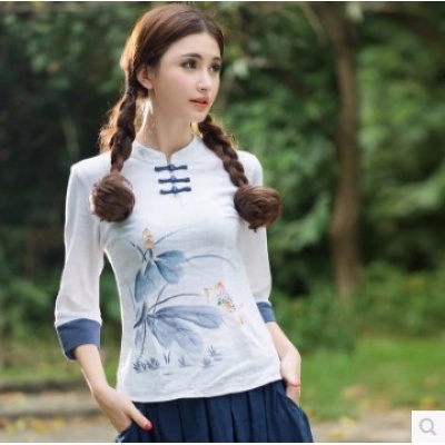 文艺范手绘印花 素麻七分袖九分袖长袖T恤上衣