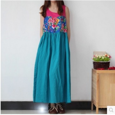 无袖连衣裙高腰拼接大码棉麻无袖民族风女