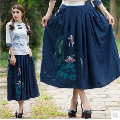 文艺范素麻印花长裙大摆裙 半身裙