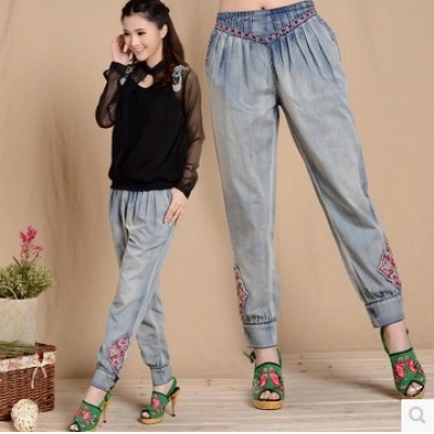 民族风女装长裤子 复古贴布绣做旧水洗宽松牛仔裤