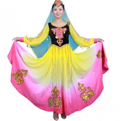 黄色新疆维吾尔族舞蹈演出服 大裙摆