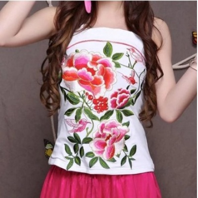 民族风手工刺绣绣花百搭 背后松紧系脖吊带背心