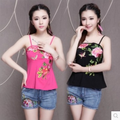 夏季新品百搭打底民族风高端刺绣吊带衫