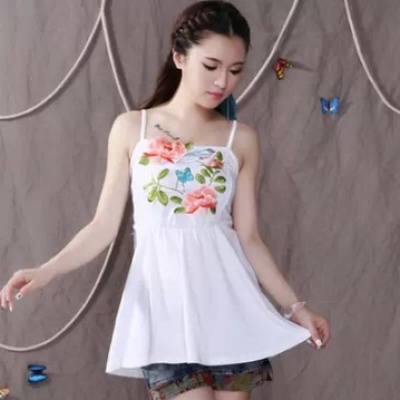  绣花吊带棉舒适面料中长裙摆吊带衫