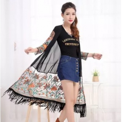 中长款民族风刺绣流苏外套雪纺开衫 防晒衫外搭