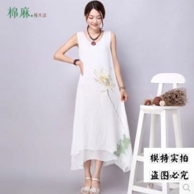 中国风水墨手绘背心长裙宽松文艺棉麻连衣裙