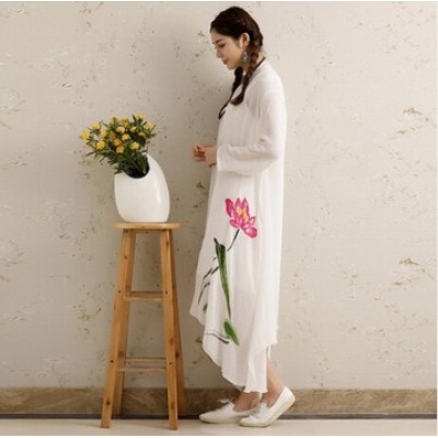 手绘荷花亚麻开衫棉麻女装棉麻民族风薄外套印花披肩