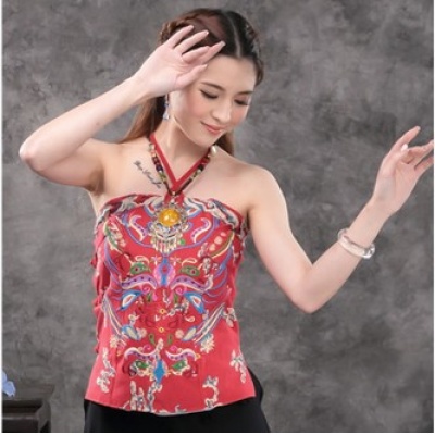 夏装民族风印花刺绣盘口百搭修身吊带背心 