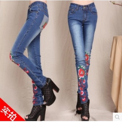 夏装民族风刺绣绣花弹力棉质牛仔裤长裤