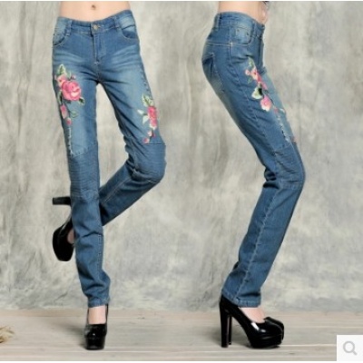 秋装新款修身棉 弹力好质软舒适小脚绣花牛仔裤 长裤