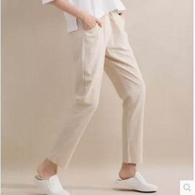 松紧腰哈伦亚麻女裤 韩版时尚棉麻休闲裤