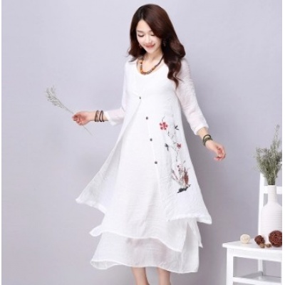 复古棉麻纯色中长款系带薄款印花披肩外套开衫