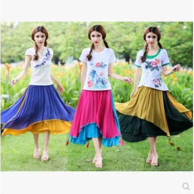 夏装特色 新款女民族绣花大摆棉质半身裙