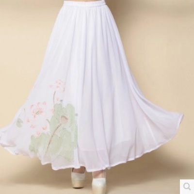 手绘荷花 清新素雅复古文艺 大摆裙