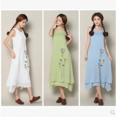 文艺范棉麻荷花印花假两件不规则连衣裙长裙