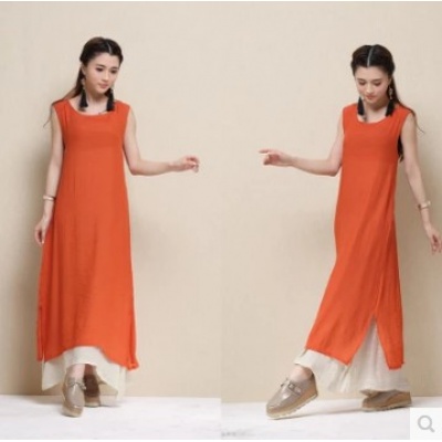 棉麻原创文艺范女装不规则宽松连衣裙亚麻无袖背心长裙