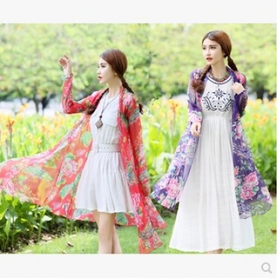 民族风牡丹花布外披雪纺衫印花防晒衣