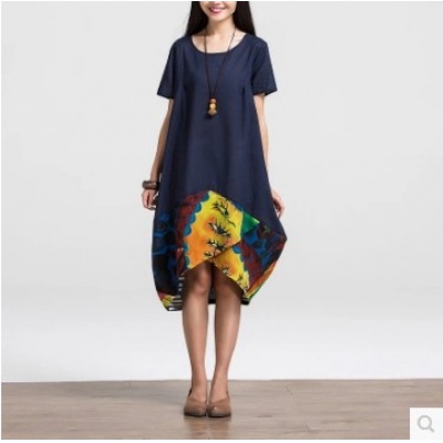 圆领抽象印花连衣裙韩版不对称拼接中长裙女棉麻