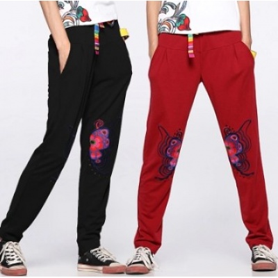 绣花休闲裤抽绳松紧腰显瘦长裤 卫裤女裤子