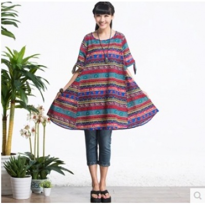 复古文艺范袖口系蝴蝶结 超大摆 胖MM 棉麻