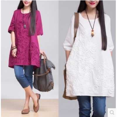 连衣裙大码女装文艺范小清新宽松绣花短袖棉麻连衣裙