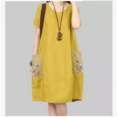 纱网纽扣装饰大口袋短袖亚麻裙 棉麻连衣裙