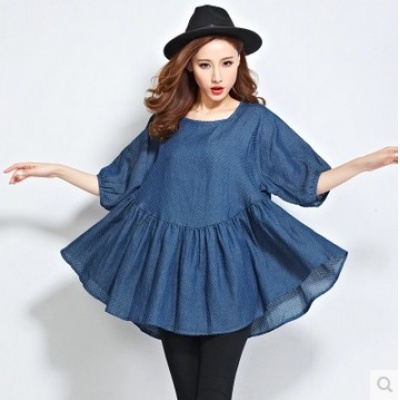 夏季新款宽松圆领中长袖牛仔休闲连衣裙 上衣