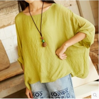 夏装新款短袖亚麻上衣宽松大码棉麻蝙蝠袖t恤女打底衫