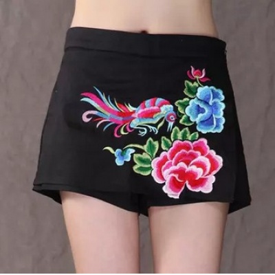 民族风精美百搭不规则花鸟绣花短裤，裤裙裙裤