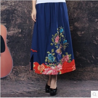 中国风棉麻刺绣花长腰裙 半身裙