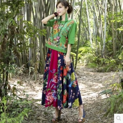 民族风女装 亚麻拼接裙 绣花 印花半身裙