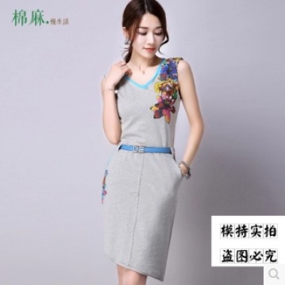 文艺中长款纯棉印花连衣裙修身显瘦女送腰带