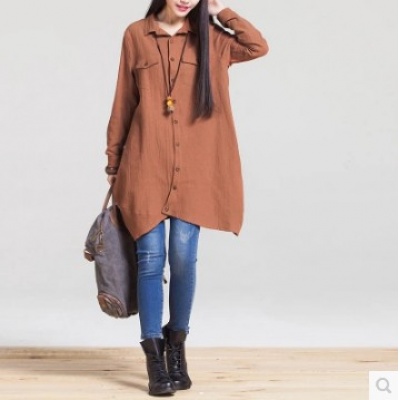 春韩版拼接纯棉洗水做旧气质长款不对称休闲衬衣长裙