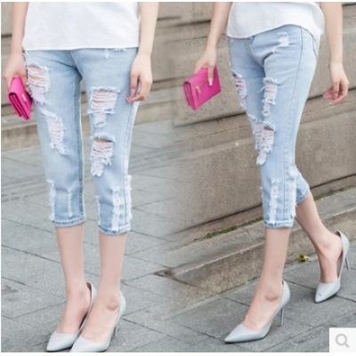 七分裤大破洞乞丐牛仔裤小脚裤