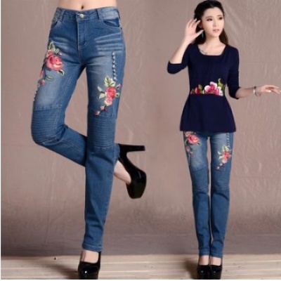 秋季新款民族风女裤 绣花修身显瘦中腰牛仔长裤