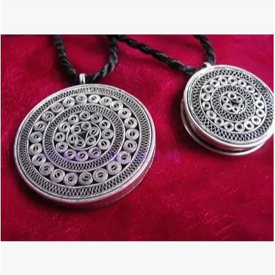 手工掐丝苗银经典铜鼓项链吊坠子毛衣项链