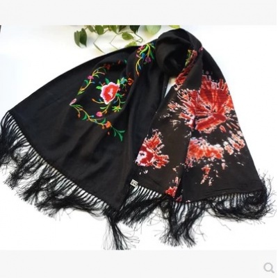 贵州民族特色刺绣披肩围巾两用型扎染纯棉围巾X-10
