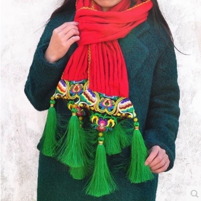 春夏棉麻围巾披肩纯色流苏复古两用围脖女民族风刺绣