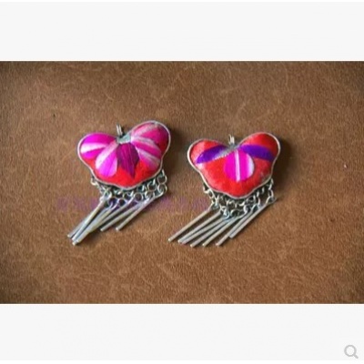 手工原创老绣耳环刺绣蝶形吊穗流苏