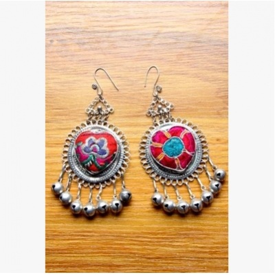 旧苗银老绣刺绣夸张大花朵太阳耳环