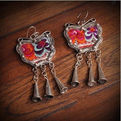 蝶形耳环 苗银民族风老绣片刺绣花朵耳环耳饰