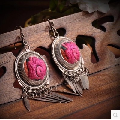 手工老苗绣绣片布艺幸福耳环耳饰苗银饰品