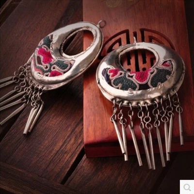 个性圆月苗银刺绣苗绣流苏耳坠耳环送女友闺蜜生日