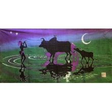 名称：晚归 手绘蜡染画 布艺壁挂画 工艺品 客厅装饰品