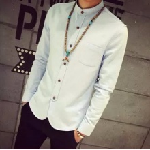 2015秋款男士衬衫修身青年棉麻衬衣立领长袖