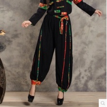 秋冬阔腿裤棉麻复古灯笼裤大码贴条长裤休闲裤宽松女裤