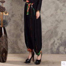 秋冬阔腿裤棉麻复古灯笼裤大码贴条长裤休闲裤宽松女裤